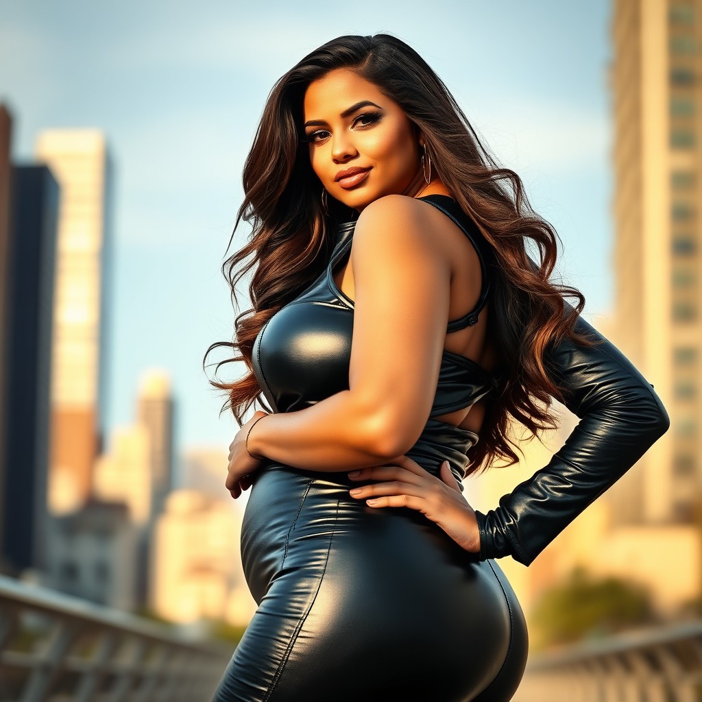 A stunning curvy woman dressed in a fitted black leather outfit, her confident posture accentuating her voluptuous figure