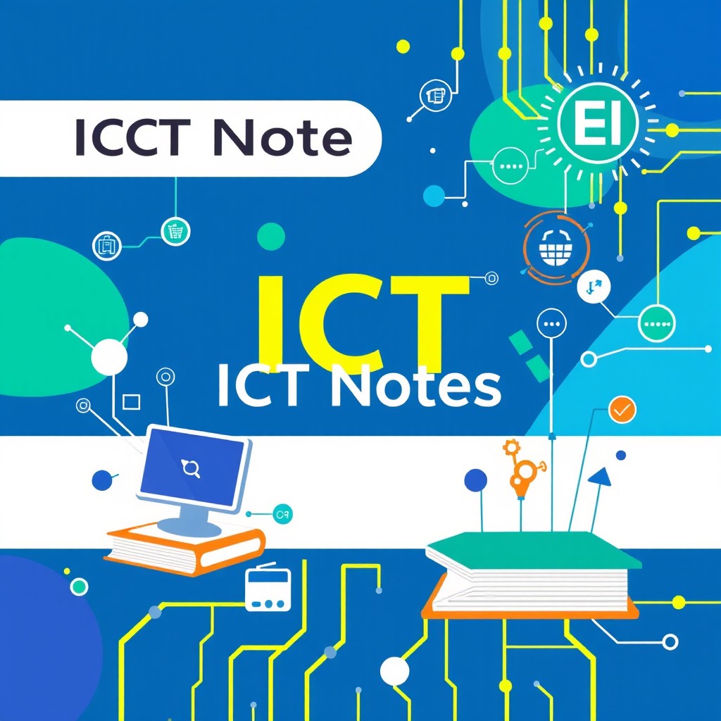 A creative and modern cover design for an ICT (Information and Communication Technology) textbook