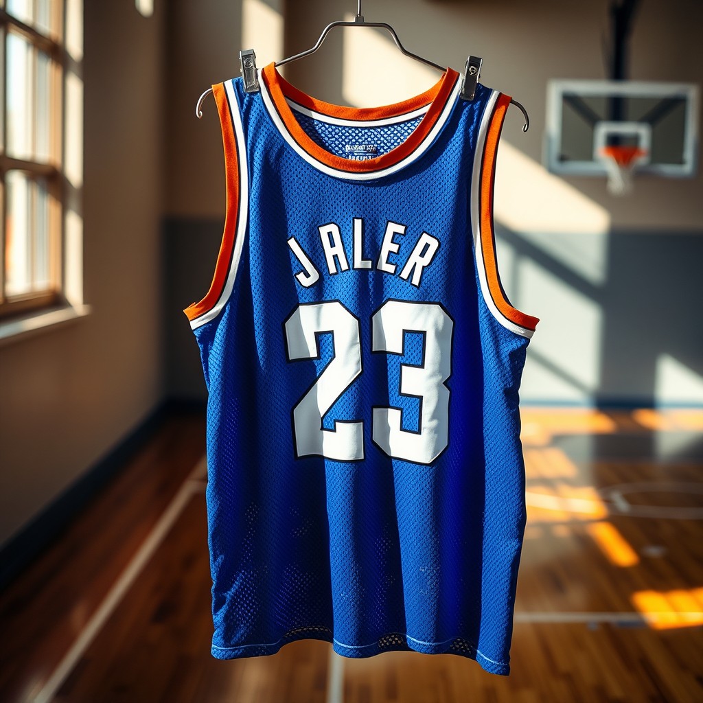 A basketball jersey hanging on a rack, featuring a vibrant and eye-catching design