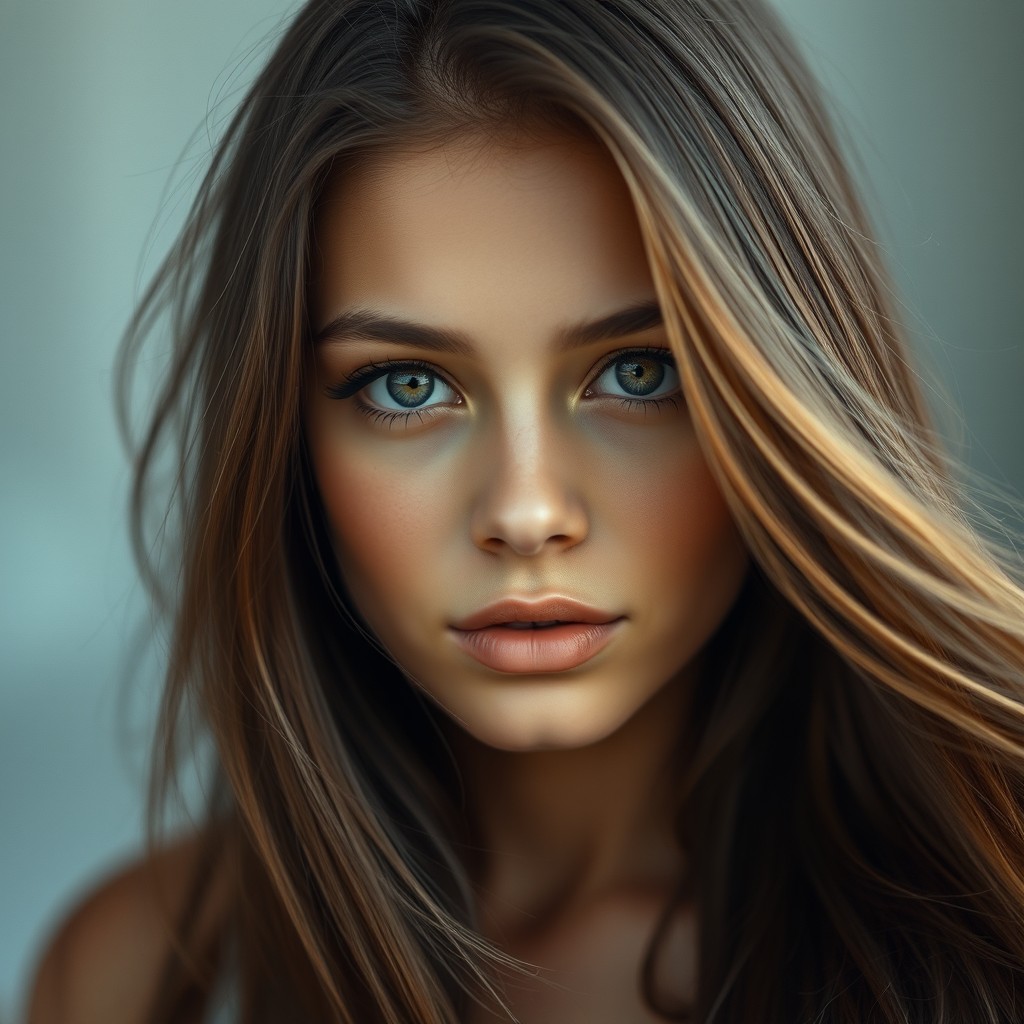 A stunning portrait of a young woman with flowing hair and captivating eyes