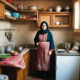 An Iranian mother dressed in traditional clothing, standing in a warm and cozy kitchen decorated with Persian elements, preparing a homecooked meal.