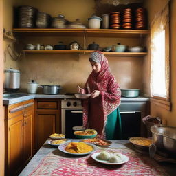 An Iranian mother dressed in traditional clothing, standing in a warm and cozy kitchen decorated with Persian elements, preparing a homecooked meal.