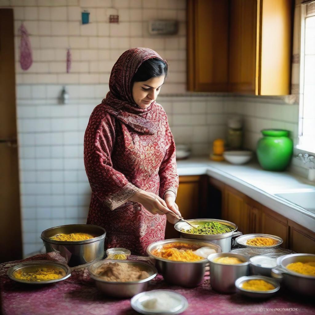 An Iranian mother dressed in traditional clothing, standing in a warm and cozy kitchen decorated with Persian elements, preparing a homecooked meal.