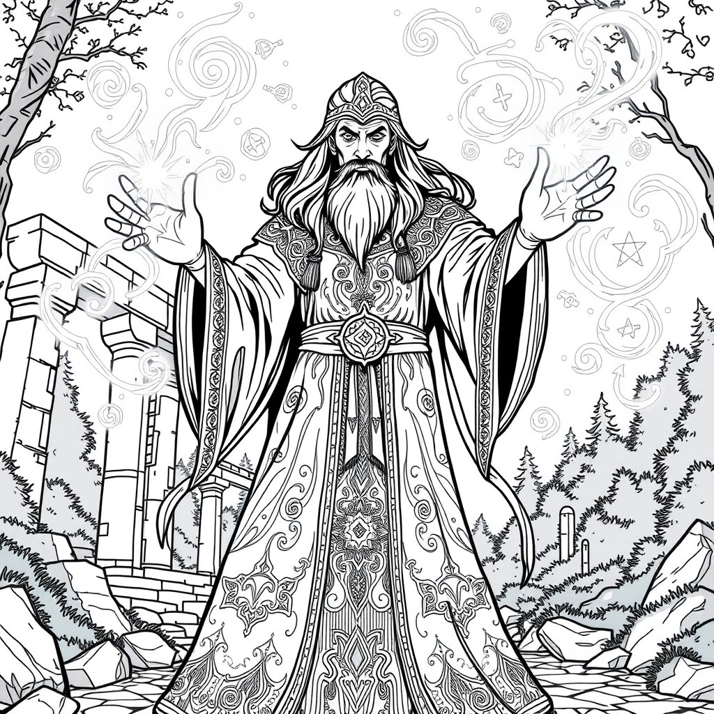 Line art illustration of a powerful sorcerer casting spells, with a long flowing robe adorned with intricate patterns, detailed facial features expressing concentration and wisdom, surrounded by swirling magical energy and symbols