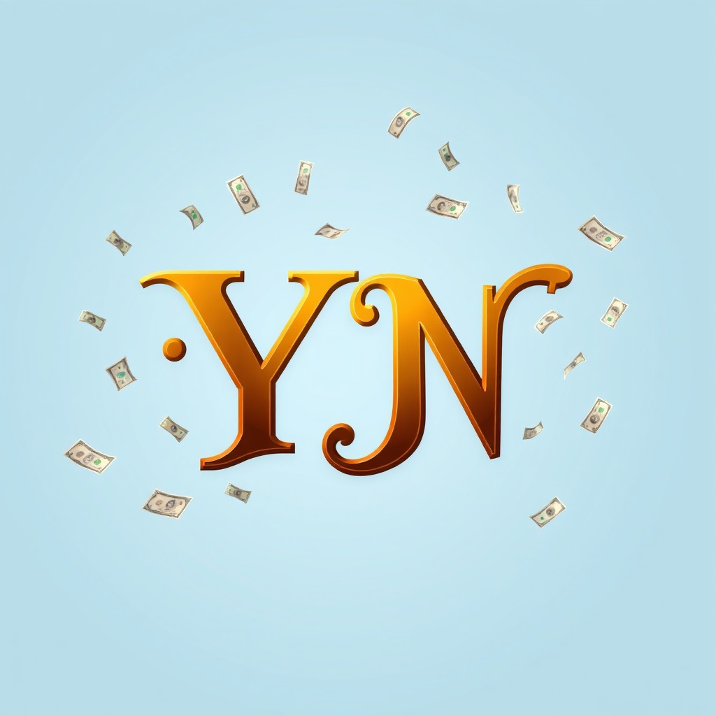 A logo design featuring the letters 'YN' intricately styled in rich brown and gold tones on a soft sky blue background