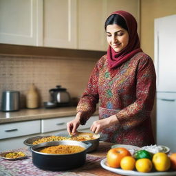 An Iranian mother dressed in traditional clothing, standing in a warm and cozy kitchen decorated with Persian elements, preparing a homecooked meal.