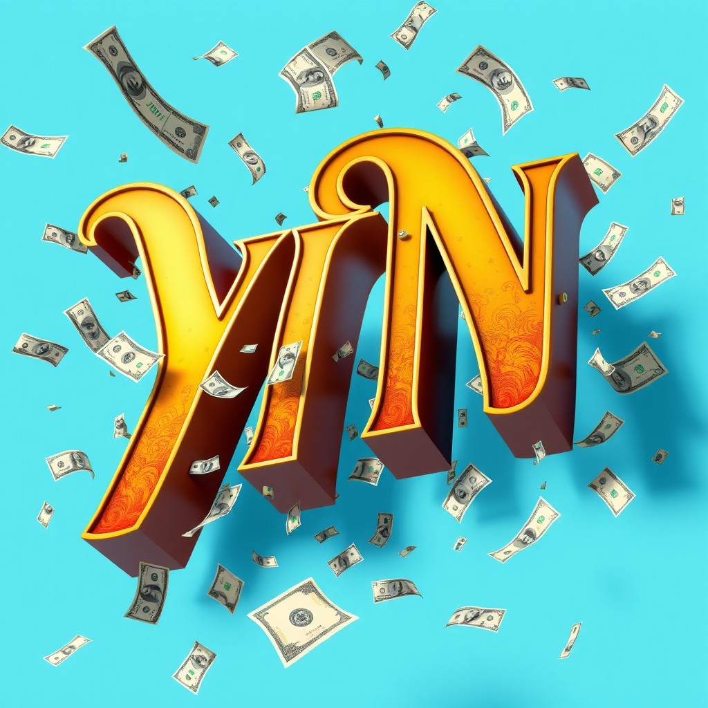 The letters 'YN' artistically designed in a rich brown and gold color scheme, set against a sky-blue background