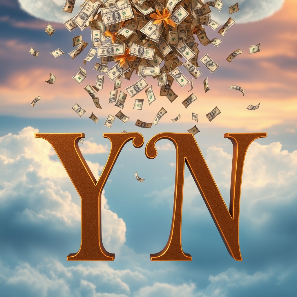 The letters 'YN' are elegantly styled in brown and gold, artistically placed against a serene sky background