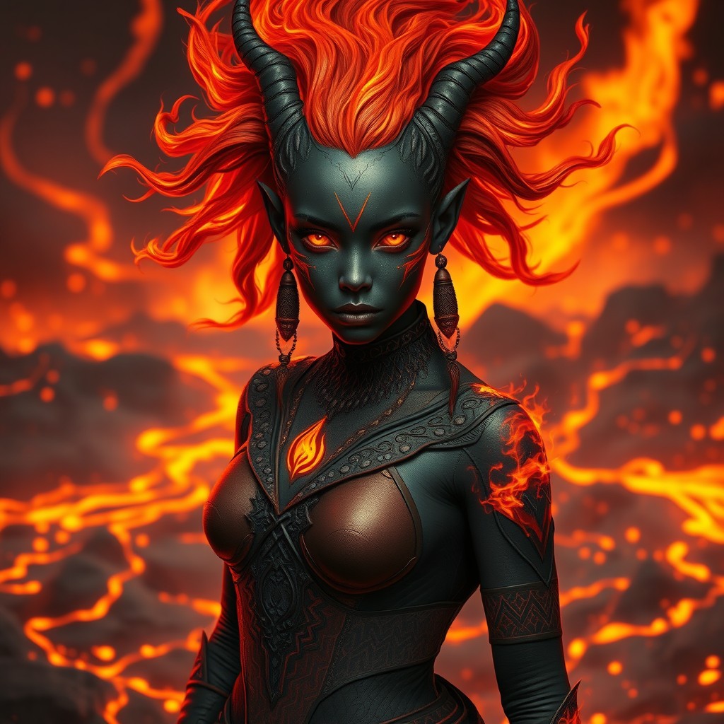 A female fire genasi with captivating charcoal skin and striking flaming red-orange hair that dances like flames