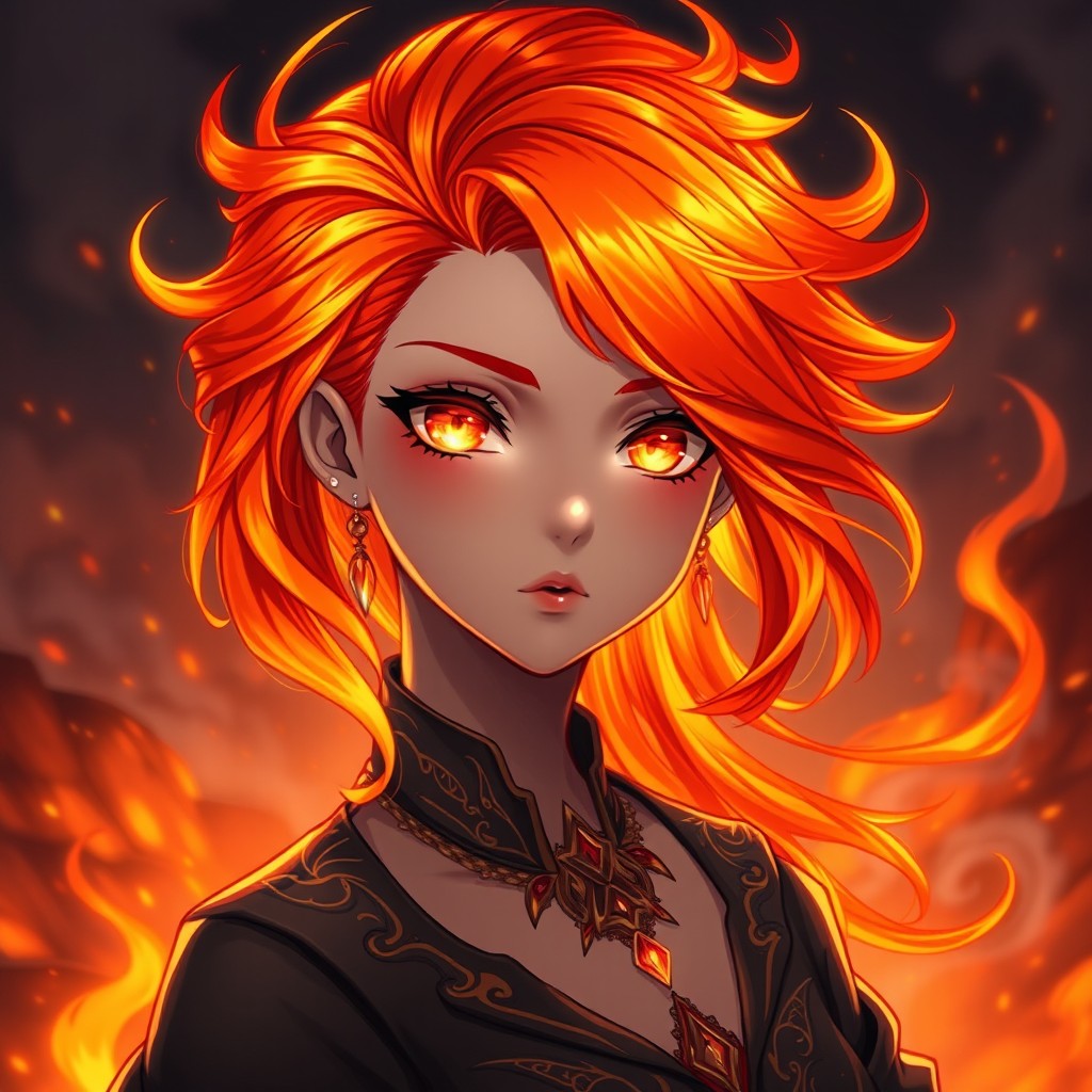 A beautiful female fire genasi with light charcoal skin and vibrant flaming hair that shifts from bright orange to deep red, styled in an elegant flowing manner