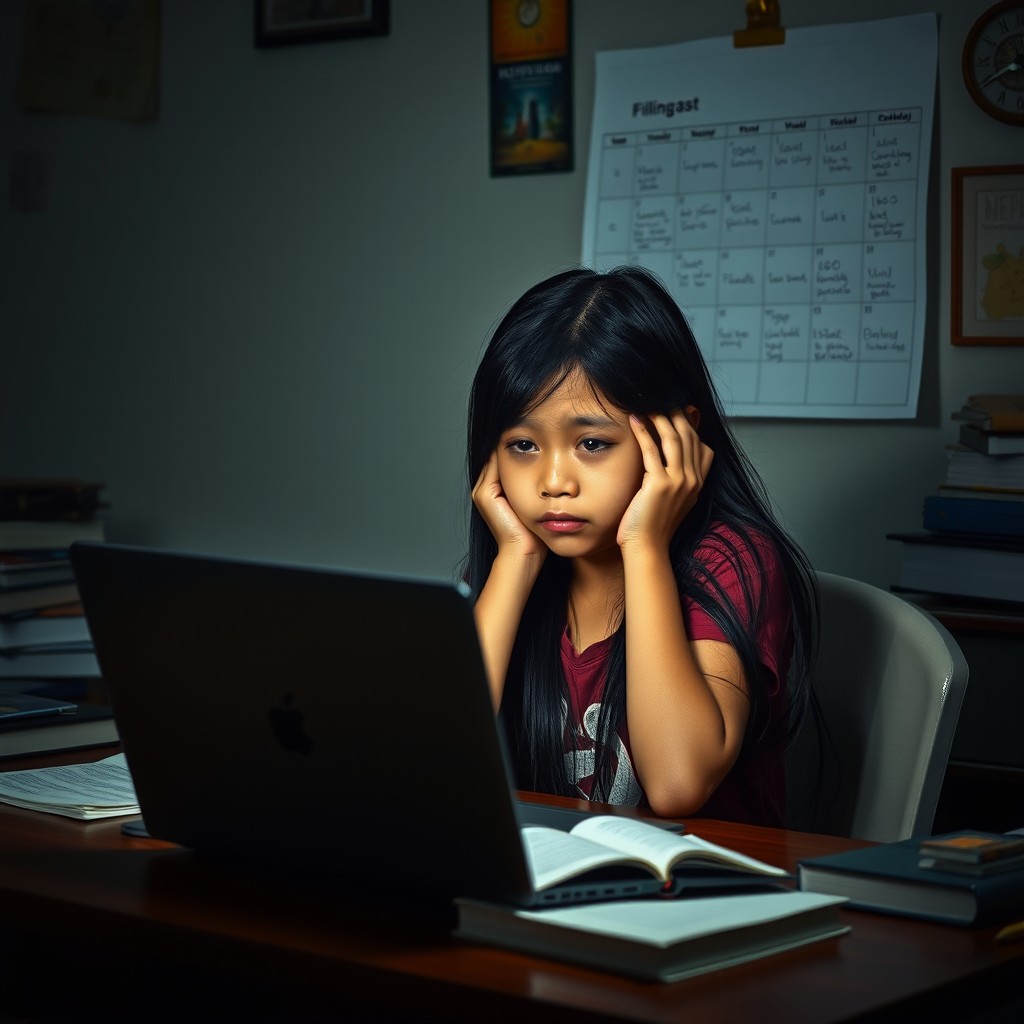 A very sad girl, sitting alone at her desk with a laptop open in front of her, showing signs of exhaustion and stress from her online classes
