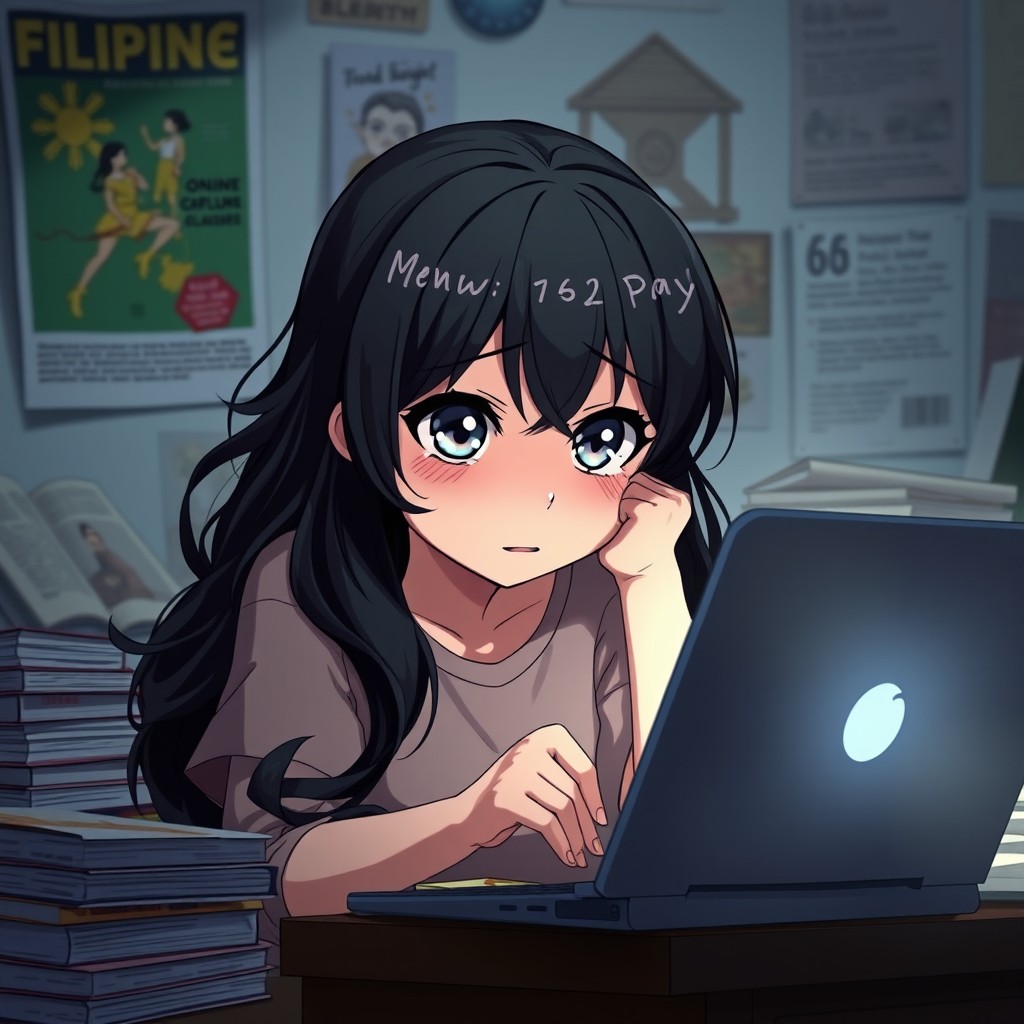 A very sad anime girl, depicting a poignant expression of stress and sadness due to overwhelming work from her online classes