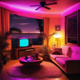 An 80's style apartment illuminated by sweeping neon lights, packed with retro tech including a HiFi system, vinyl player, and vintage TV, all centered around a comfortable, antiquated sofa. Nighttime reveals a enchanting beach view with palm trees silhouettes.