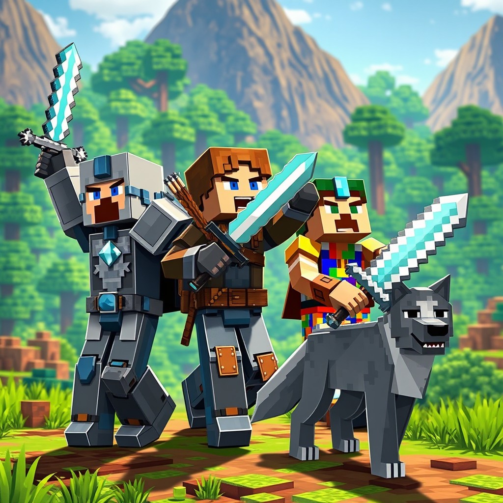 Three Minecraft characters embarking on a thrilling adventure through a vibrant blocky landscape