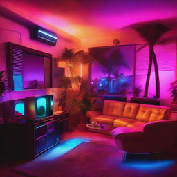 An 80's style apartment illuminated by sweeping neon lights, packed with retro tech including a HiFi system, vinyl player, and vintage TV, all centered around a comfortable, antiquated sofa. Nighttime reveals a enchanting beach view with palm trees silhouettes.