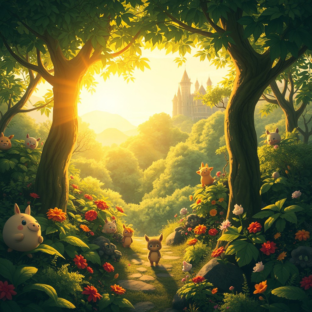 A vibrant, enchanting scene inspired by Studio Ghibli, featuring a lush, green forest filled with fantastical creatures and whimsical plants