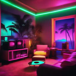 An 80's style apartment illuminated by sweeping neon lights, packed with retro tech including a HiFi system, vinyl player, and vintage TV, all centered around a comfortable, antiquated sofa. Nighttime reveals a enchanting beach view with palm trees silhouettes.