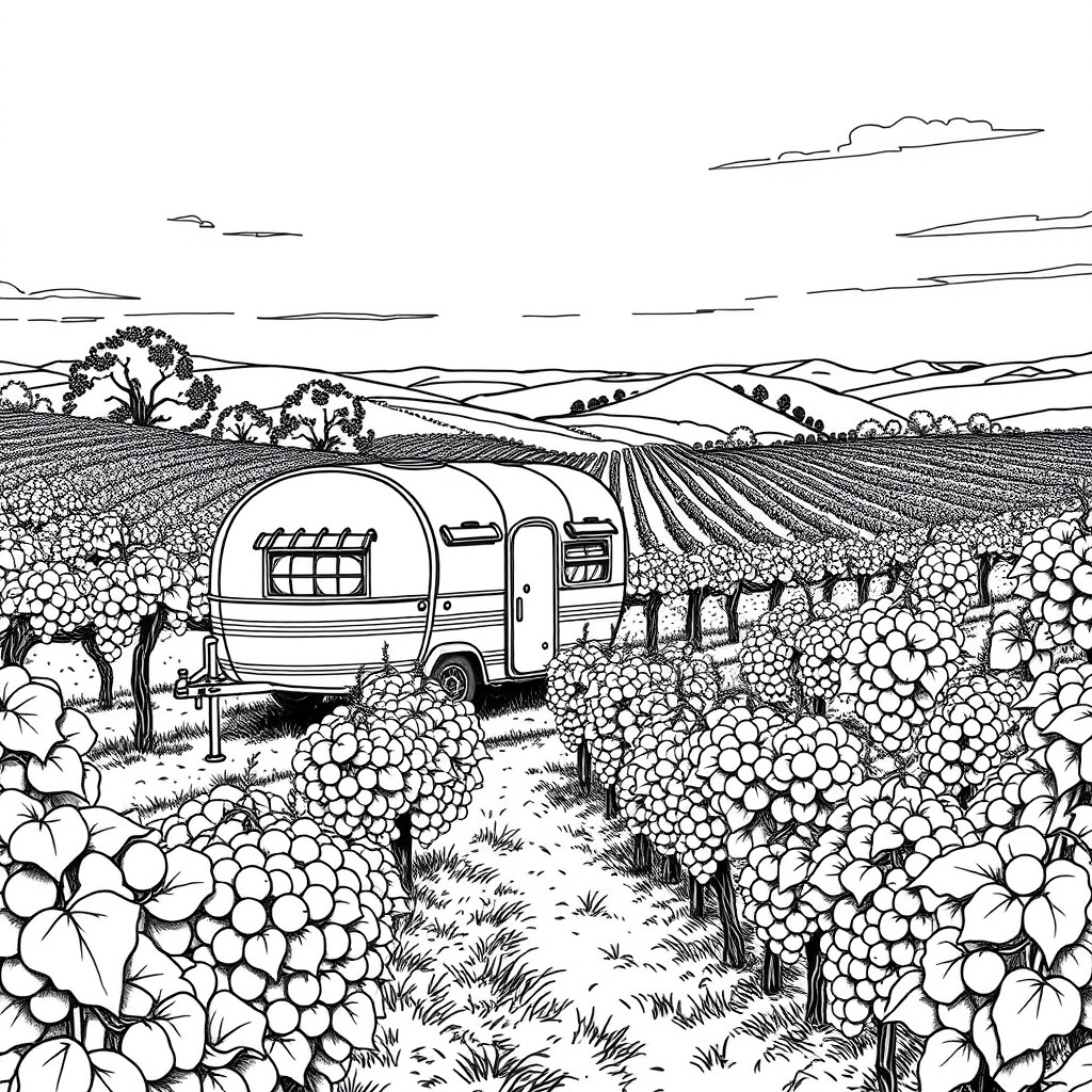 A detailed black and white line drawing depicting a picturesque caravan nestled among lush vineyards, with rows of grapevines stretching into the distance under a clear sky