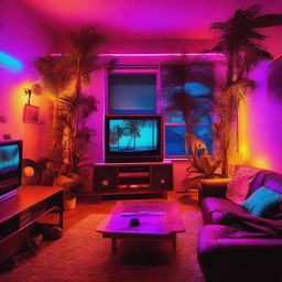 An 80's style apartment illuminated by sweeping neon lights, packed with retro tech including a HiFi system, vinyl player, and vintage TV, all centered around a comfortable, antiquated sofa. Nighttime reveals a enchanting beach view with palm trees silhouettes.