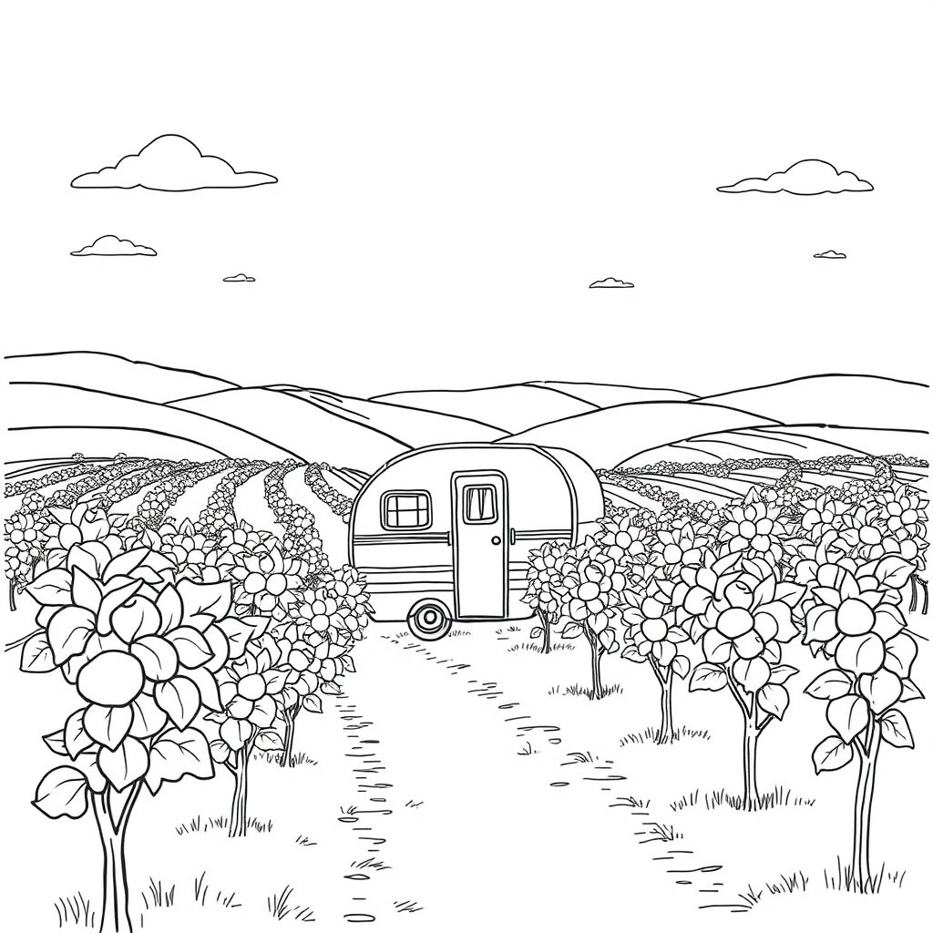 A gentle line drawing depicting a charming caravan nestled among softly flowing vineyards, with curvy rows of grapevines extending harmoniously into the distance under a serene sky
