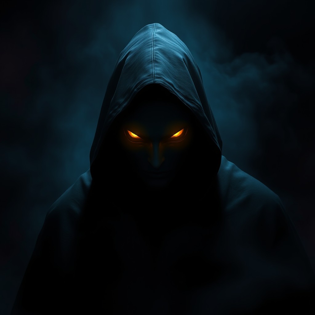 A menacing shadow figure with solid gold eyes, shrouded in darkness and mystery