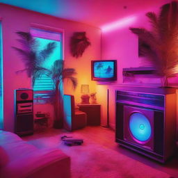 An 80's style apartment bathed in neon lights, adorned with vintage tech such as a HiFi system, vinyl player, and an aged TV. The room offers a captivating night view of a beach with palm trees, centered around a nostalgic vintage sofa.