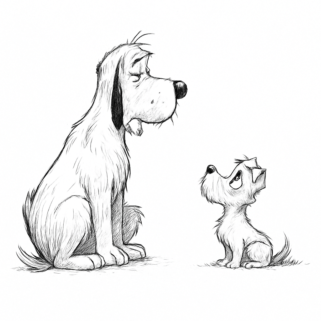 A whimsical illustration featuring two dogs