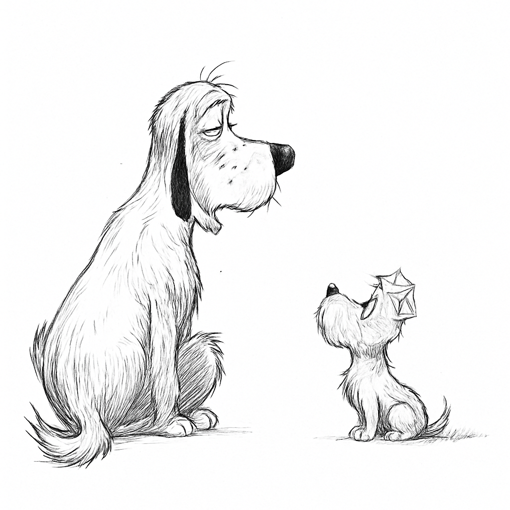 A whimsical illustration featuring two dogs