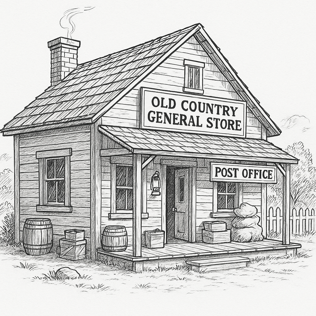 An artistic line drawing of an old country general store combined with a post office