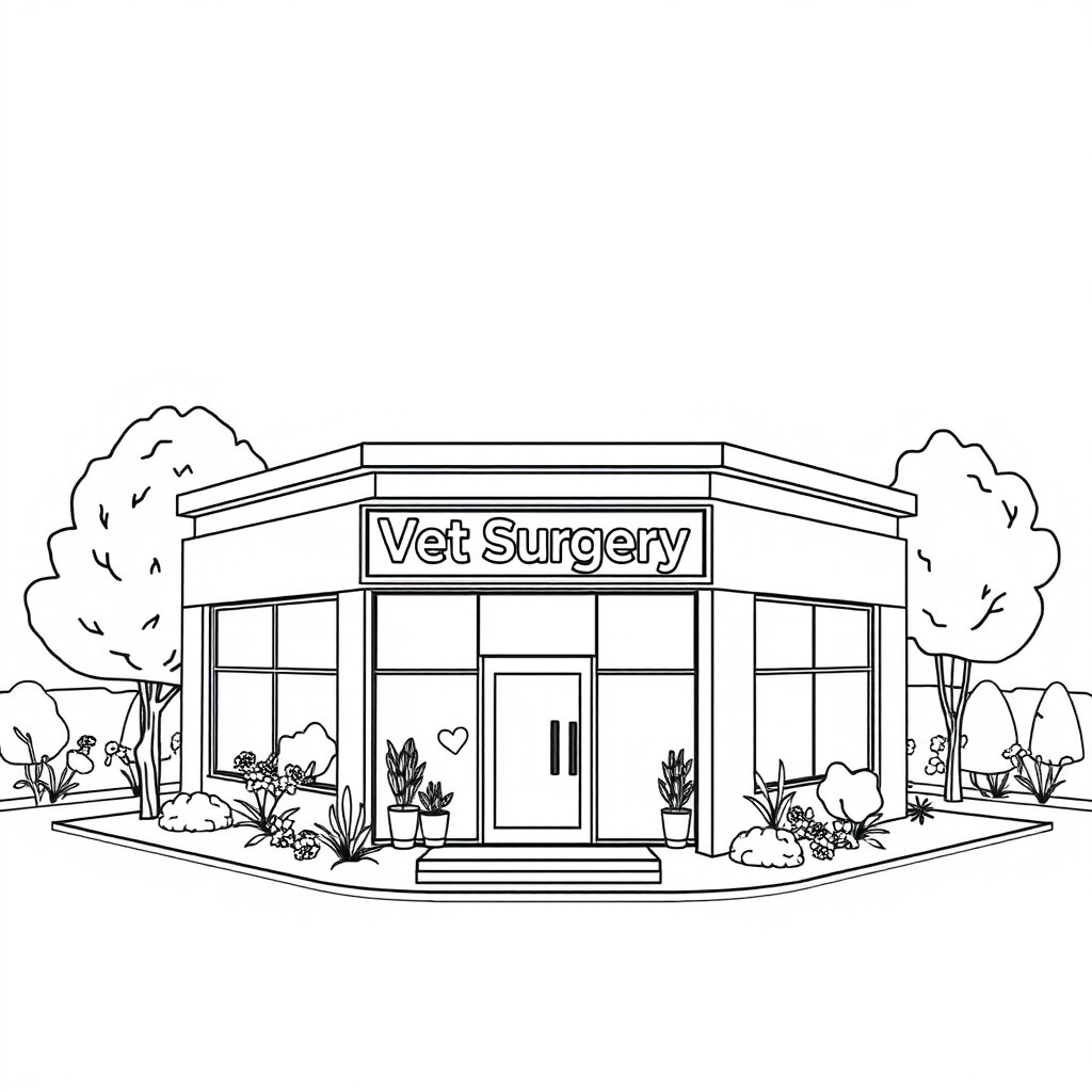 A 3D line drawing of a modern veterinary surgery building set against a backdrop of a serene, landscaped garden