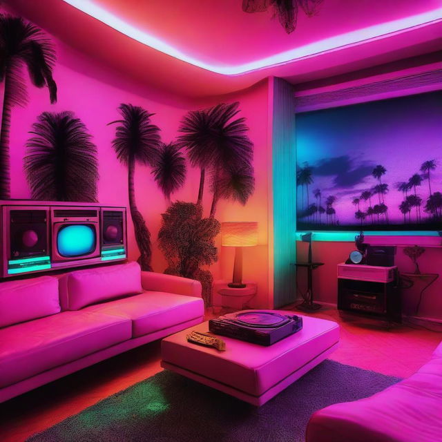 An 80's style apartment bathed in neon lights, adorned with vintage tech such as a HiFi system, vinyl player, and an aged TV. The room offers a captivating night view of a beach with palm trees, centered around a nostalgic vintage sofa.