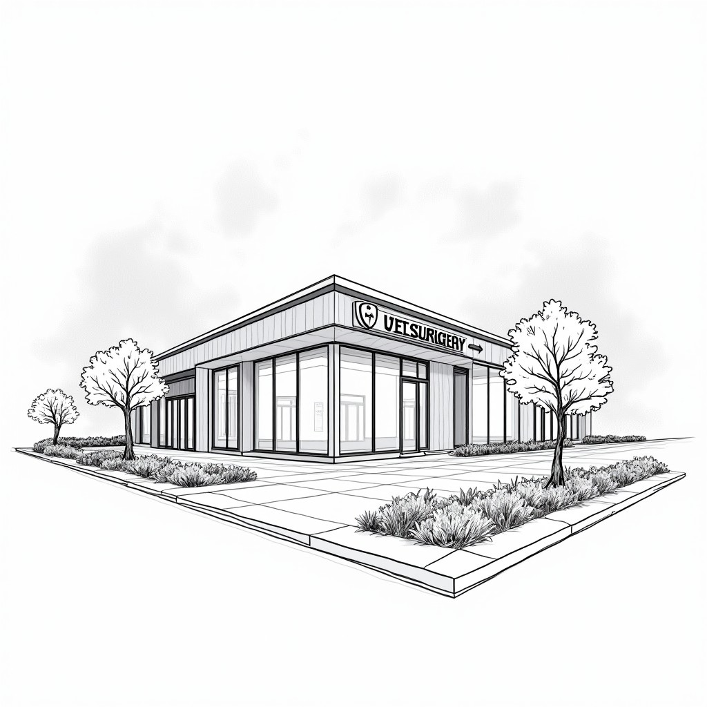 A detailed 3D line drawing of a modern veterinary surgery building surrounded by a landscaped garden