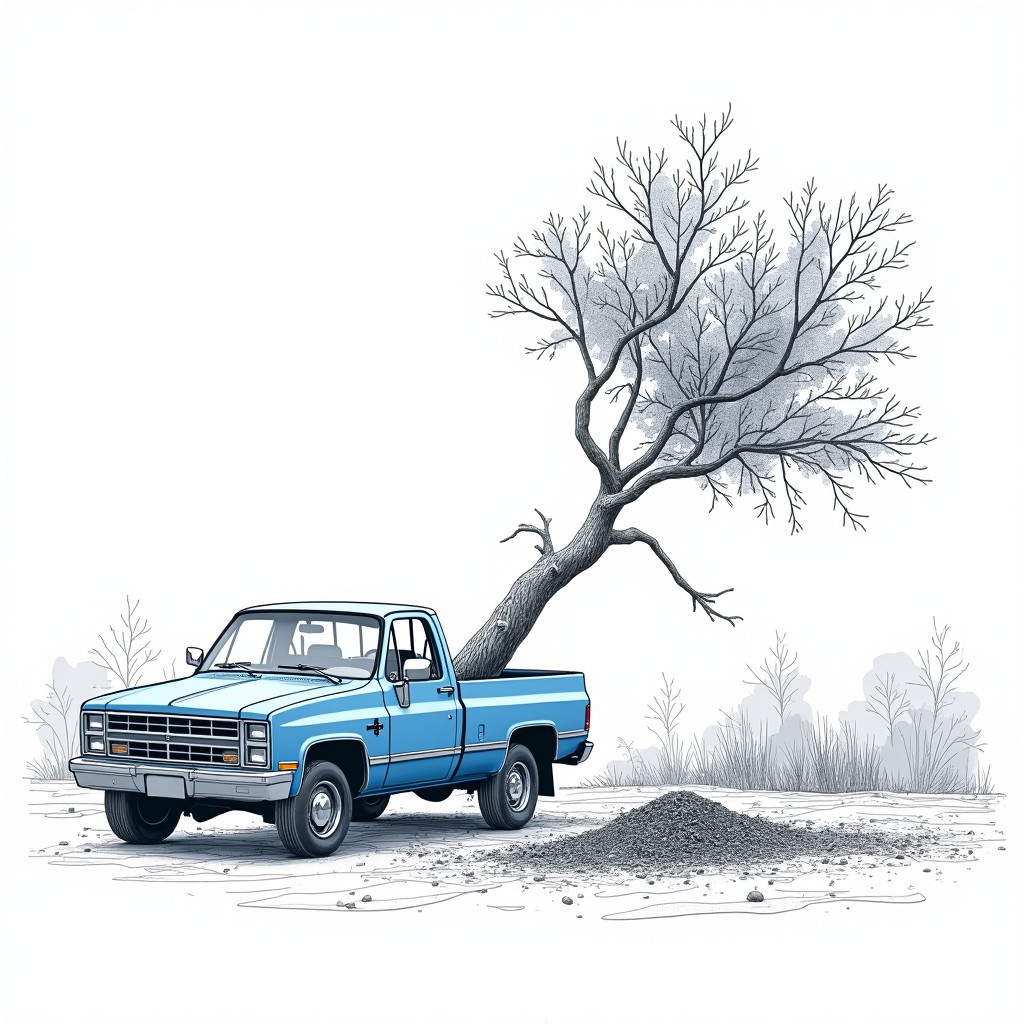 A 3D line drawing of a falling small tree landing on a blue utility vehicle (ute), which has been freshly cut with a chainsaw
