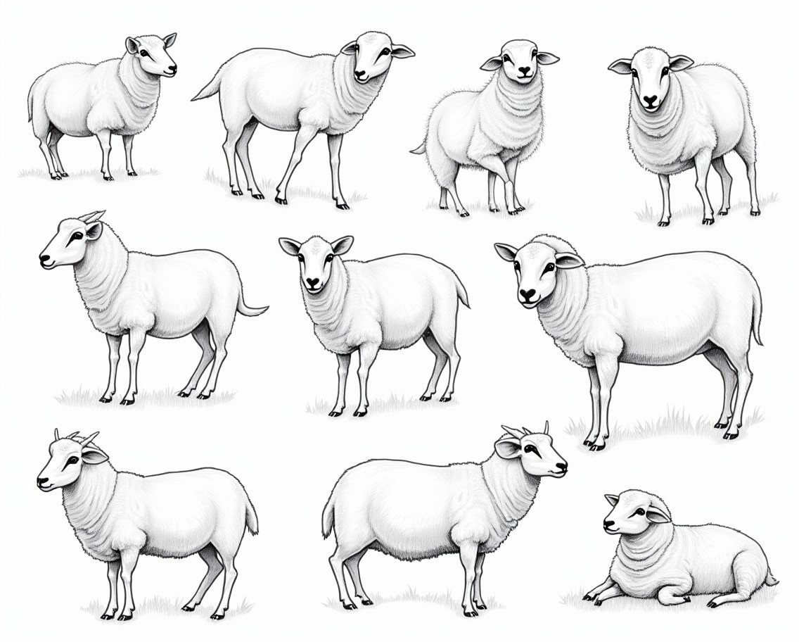 A collection of detailed black and white line drawings showcasing various breeds of sheep