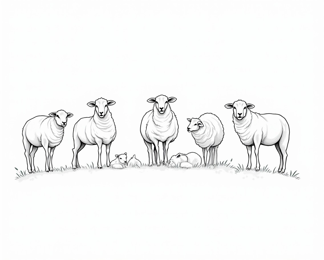 An exquisite collection of sophisticated black and white line drawings of various breeds of sheep, showcasing their unique characteristics in a highly detailed artistic style