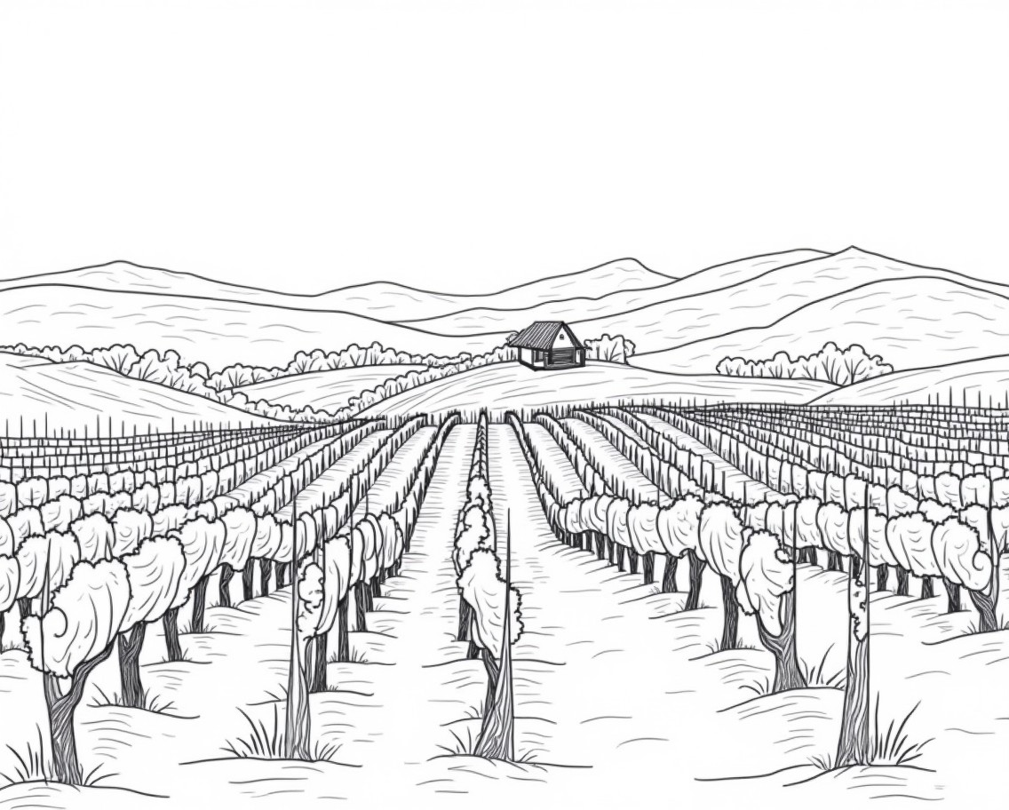 A beautiful black and white line drawing of a serene vineyard landscape
