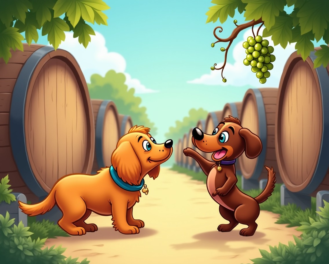 Two cartoon dogs, one golden retriever and one dachshund, playfully exploring a charming winery