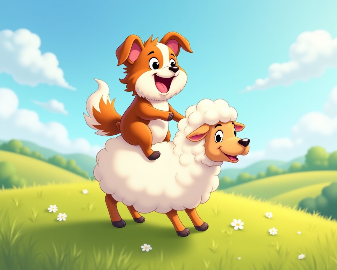 Joyful Adventures: Cartoon Dog Rides Sheep