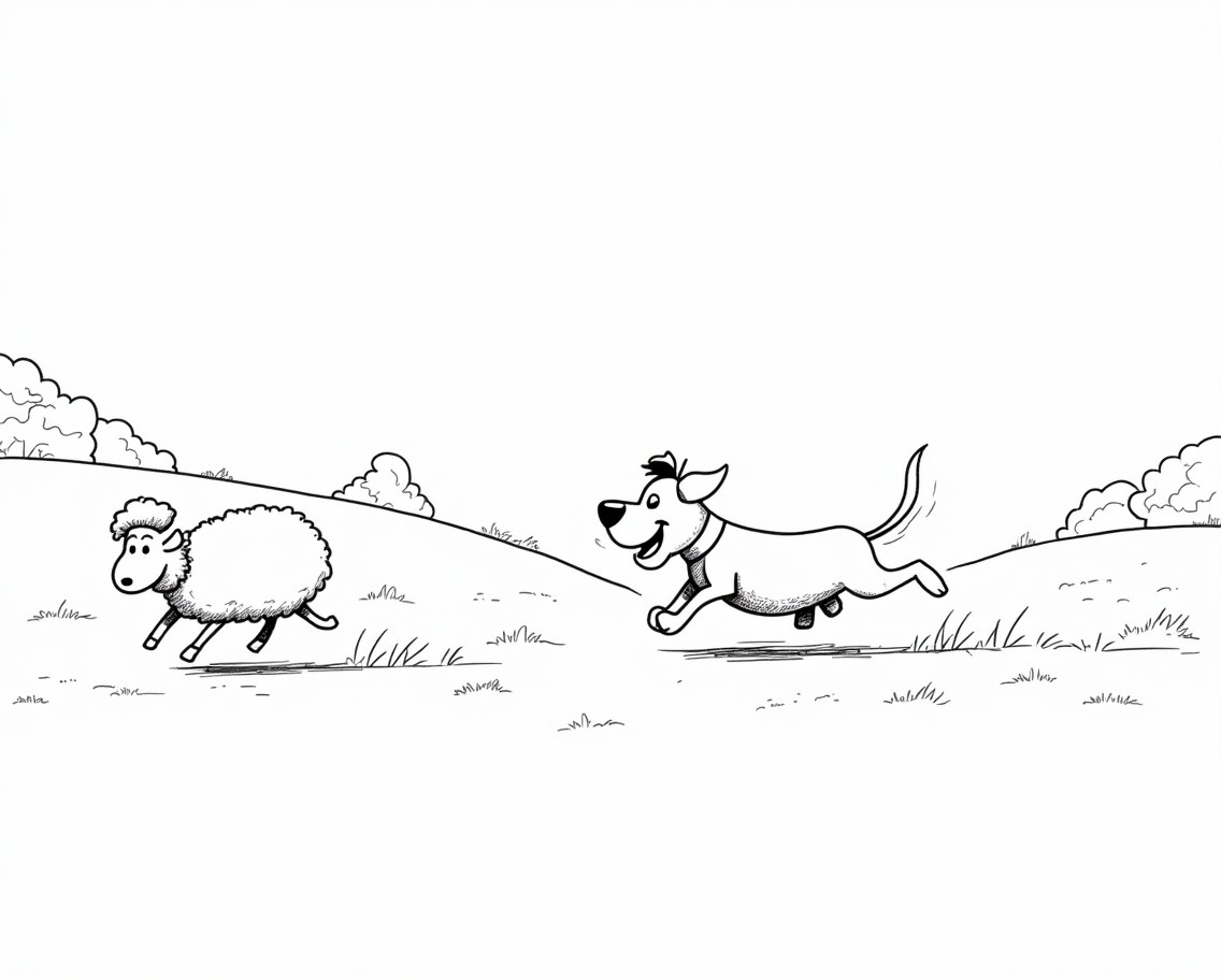 A black and white line drawing of a cartoon dog, a playful and energetic terrier, chasing after a fluffy sheep in a whimsical countryside setting