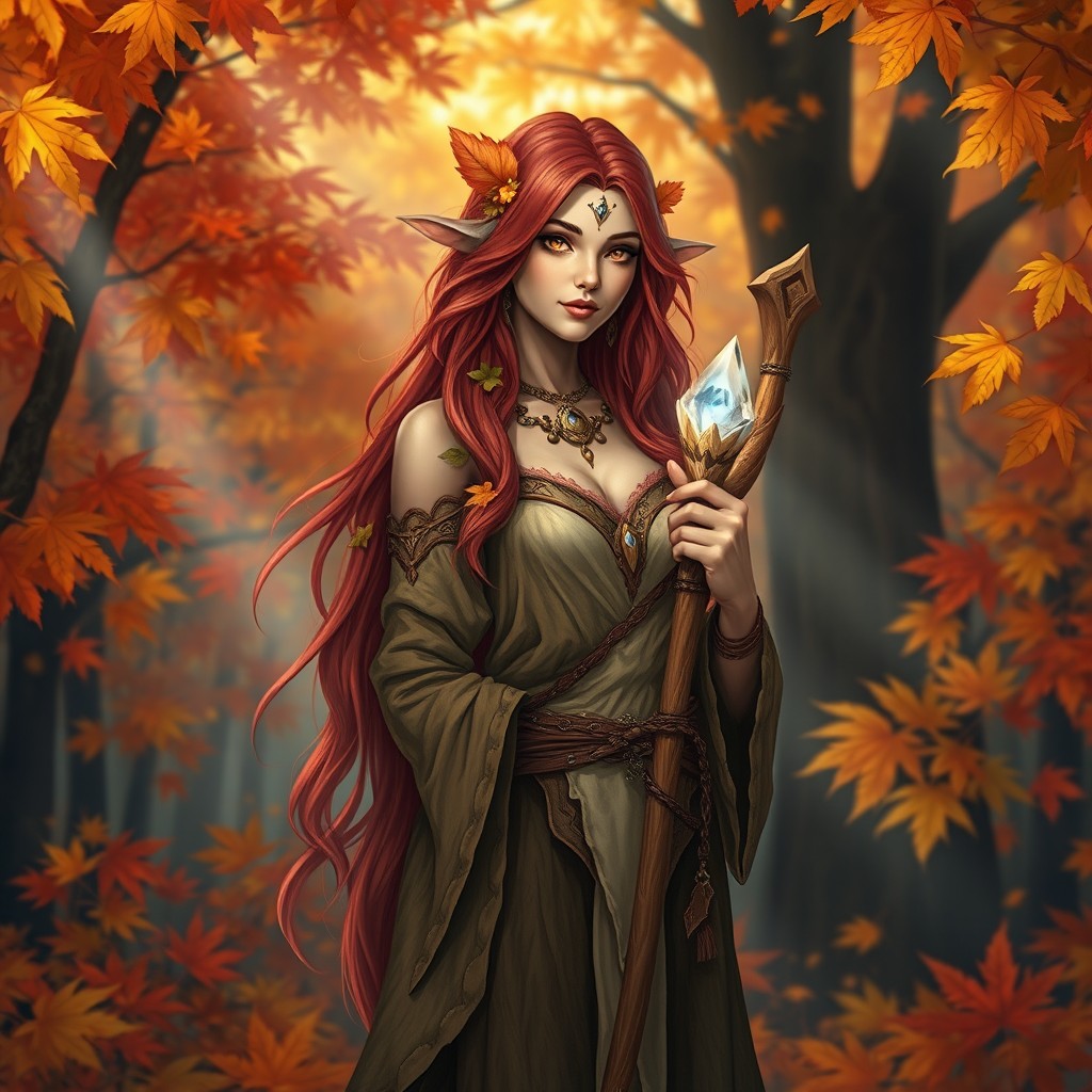 A stunning Autumn Eladrin female druid from the Circle of Land, standing in a vibrant forest filled with colorful fall foliage
