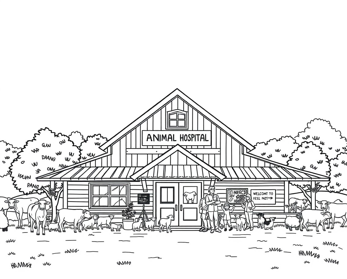A line drawing of a country animal hospital, featuring a rustic structure with a welcoming entrance
