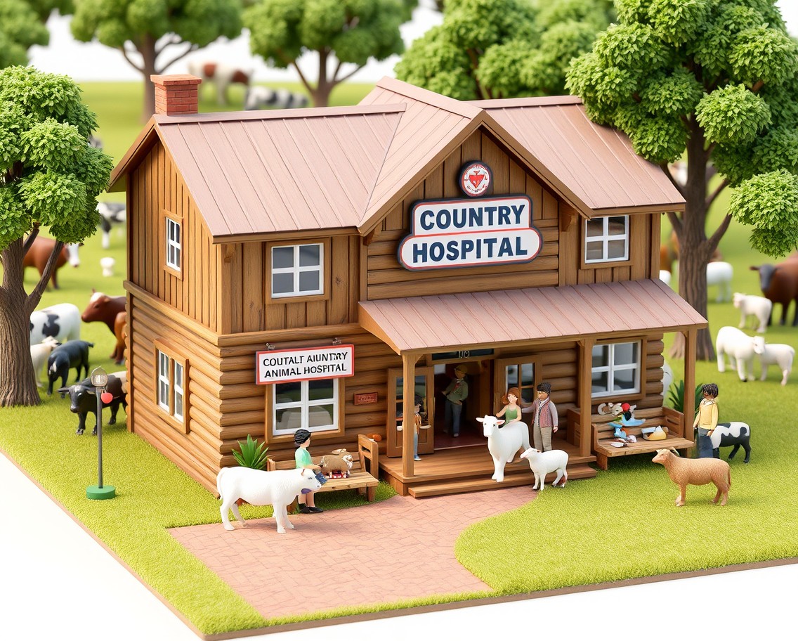 A 3D representation of a country animal hospital, showcasing a rustic structure with a welcoming entrance