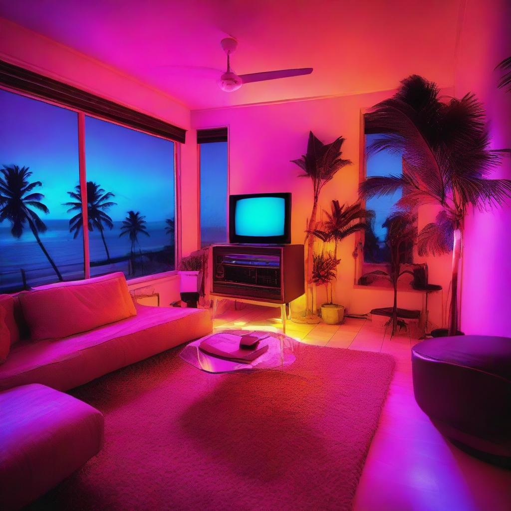 An 80's style apartment bathed in neon lights, adorned with vintage tech such as a HiFi system, vinyl player, and an aged TV. The room offers a captivating night view of a beach with palm trees, centered around a nostalgic vintage sofa.