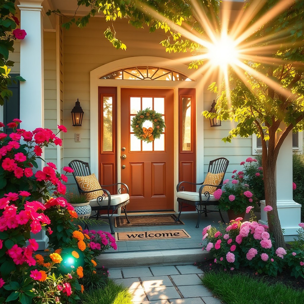A warm and inviting welcome scene, featuring a cozy home entrance with a beautifully decorated doorway, surrounded by vibrant flowers in full bloom