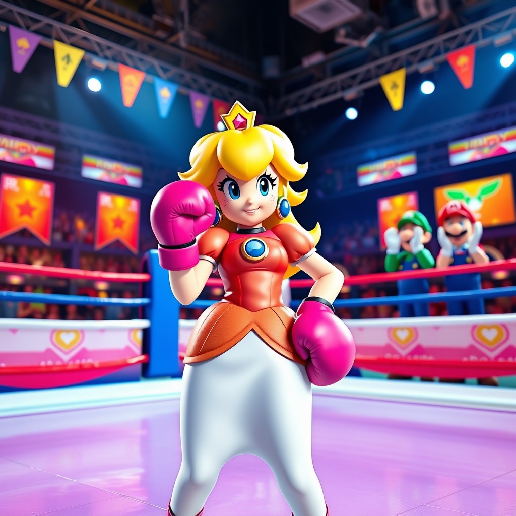 Princess Peach, the iconic and beloved character from the Mario franchise, wearing a stylish and colorful boxing outfit