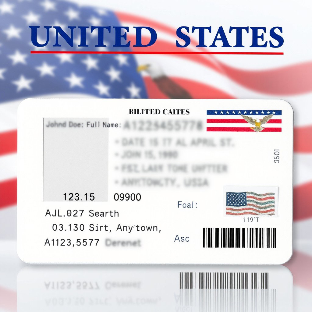 A realistic identification card for the United States, featuring a clean design with a photo placeholder, personal details visible in an organized manner