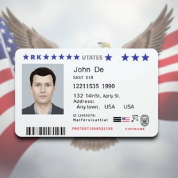 A realistic identification card for the United States, featuring a clean design with a photo placeholder, personal details visible in an organized manner