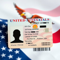 A realistic identification card for the United States, featuring a clean design with a photo placeholder, personal details visible in an organized manner