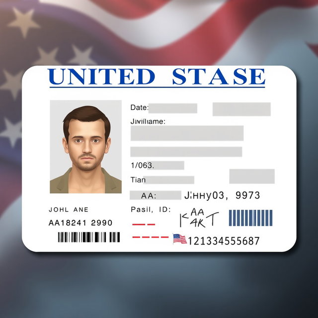 A realistic identification card for the United States, featuring a clean design with a photo placeholder, personal details visible in an organized manner