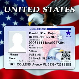 A detailed and realistic identification card for the United States, displaying a modern design
